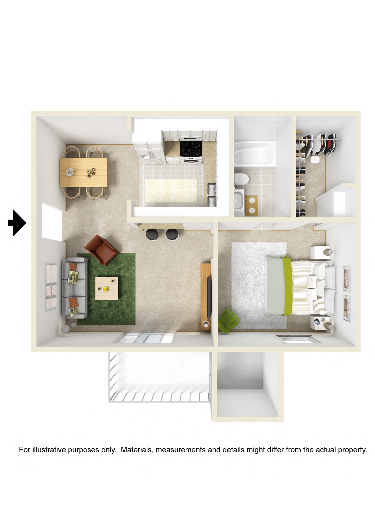 Floor plan for 1 bed, 1 bath, 606 sqft